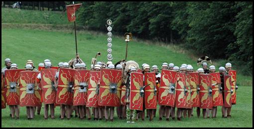 Reenactment of an early imperial legionary shield array.